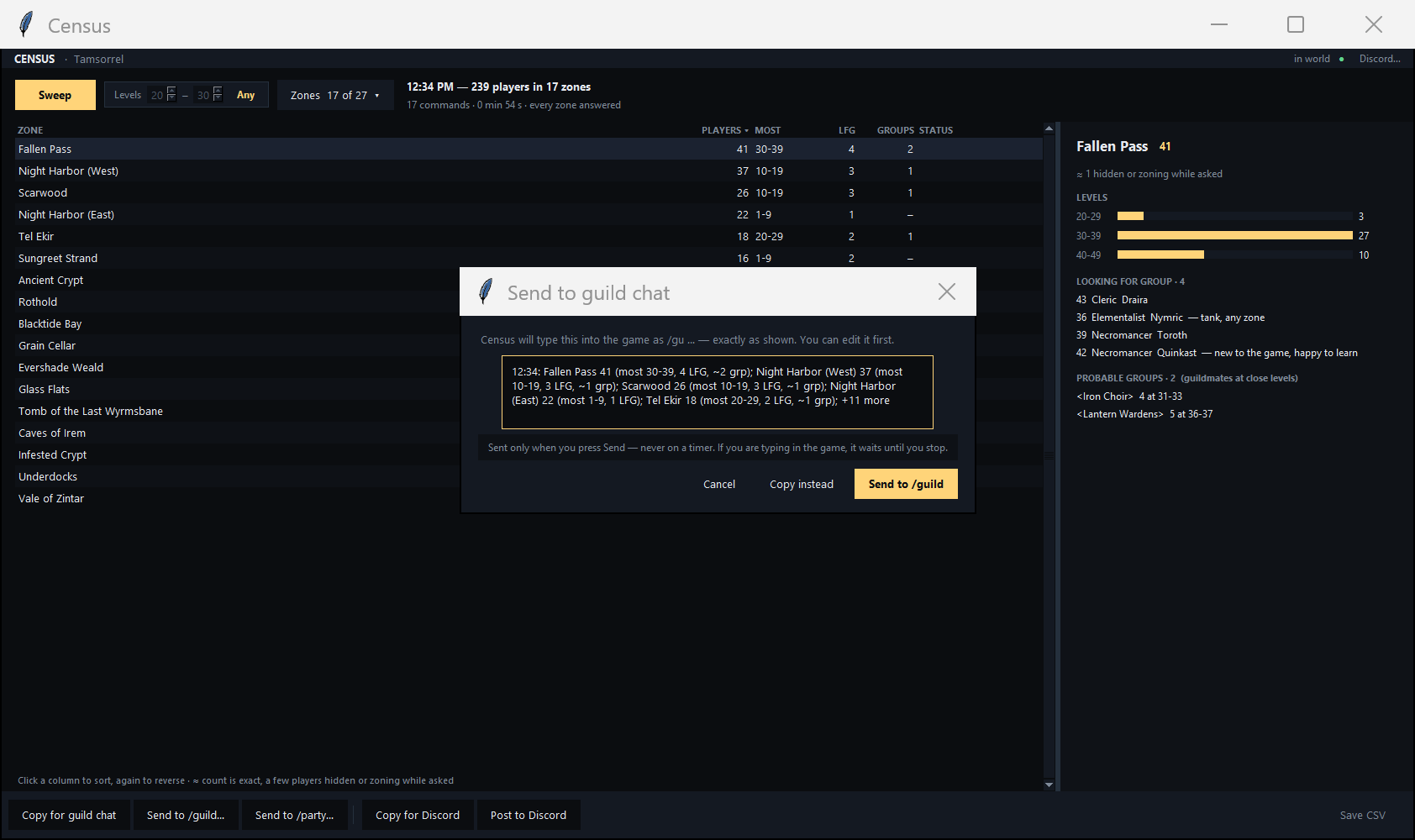 The Send to guild chat dialog, showing the exact summary line Census will type, with Cancel, Copy instead and Send buttons