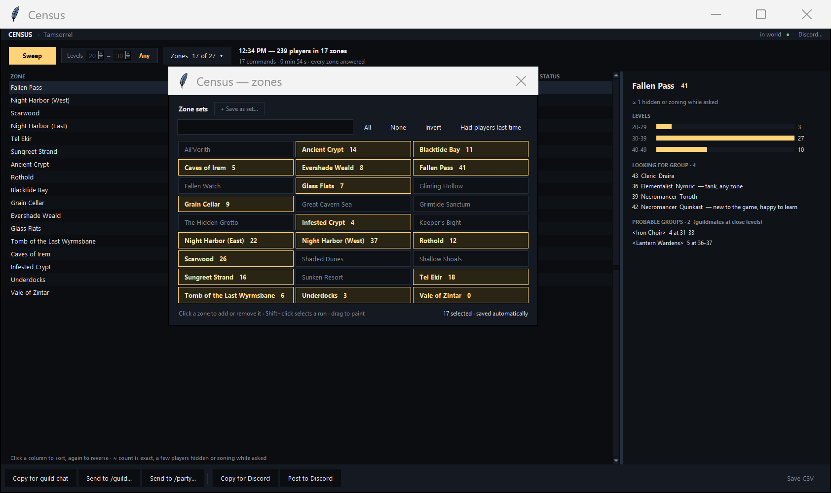 The Census zone picker: a grid of zones, with the selected ones highlighted and their last player counts