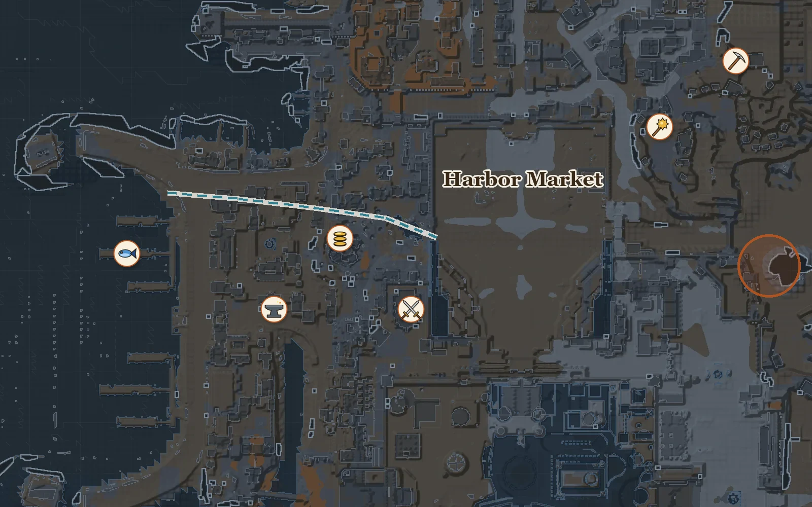 A zone map in the Slate theme, with the player's own pins, a label and a marked route