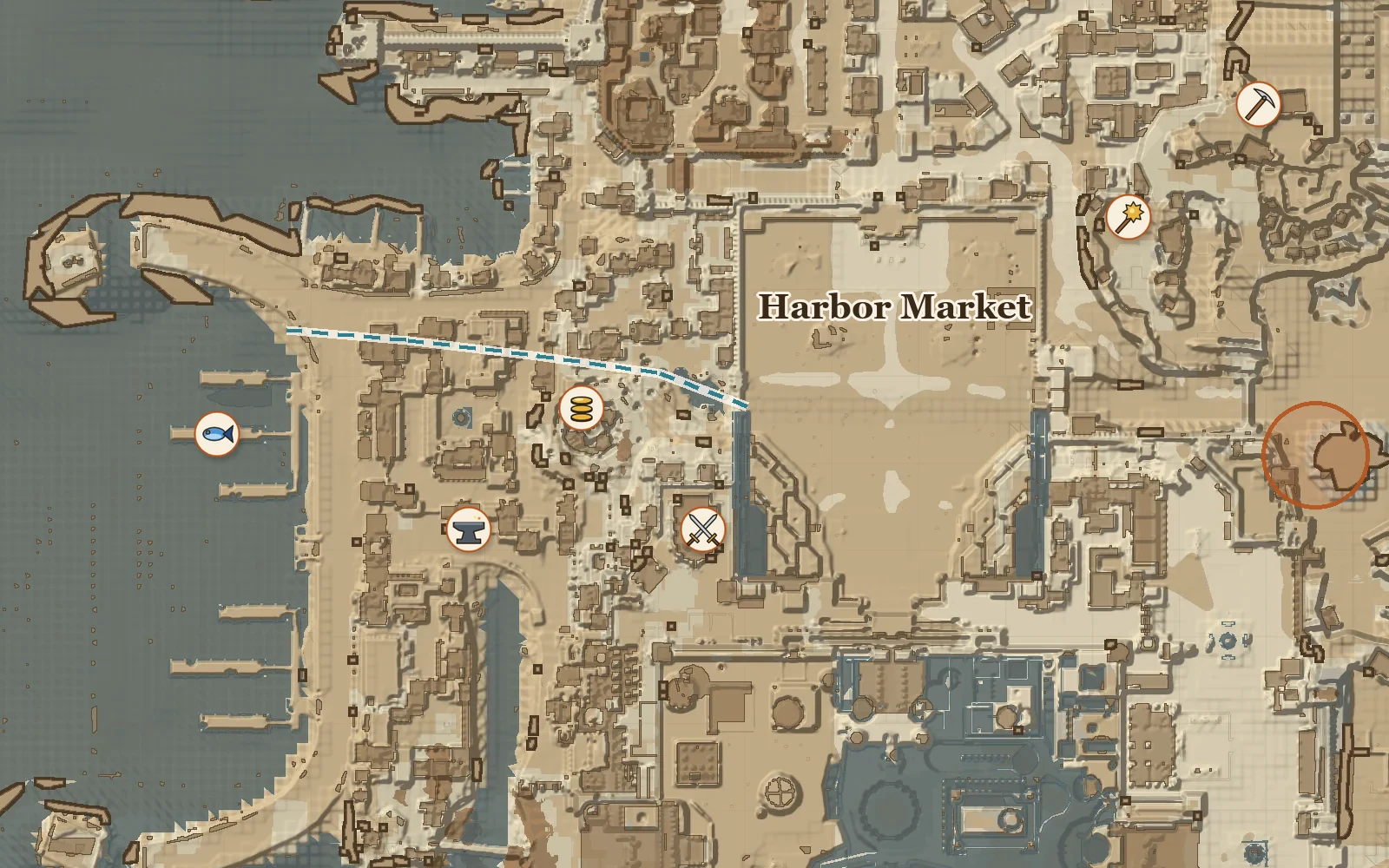 A zone map in the Atlas theme, with the player's own pins, a label and a marked route
