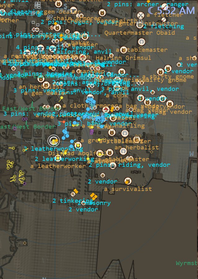 The radar over a town with auto-pins on: hundreds of labeled pins for vendors, trainers, crafting stations and harvest nodes