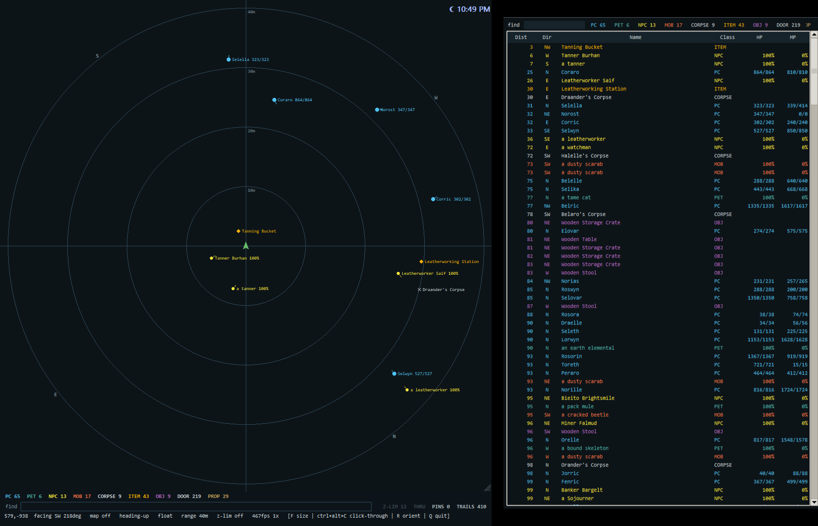 The radar dial with range rings and labeled players, NPCs and items around a green arrow, beside the entity list sorted by distance