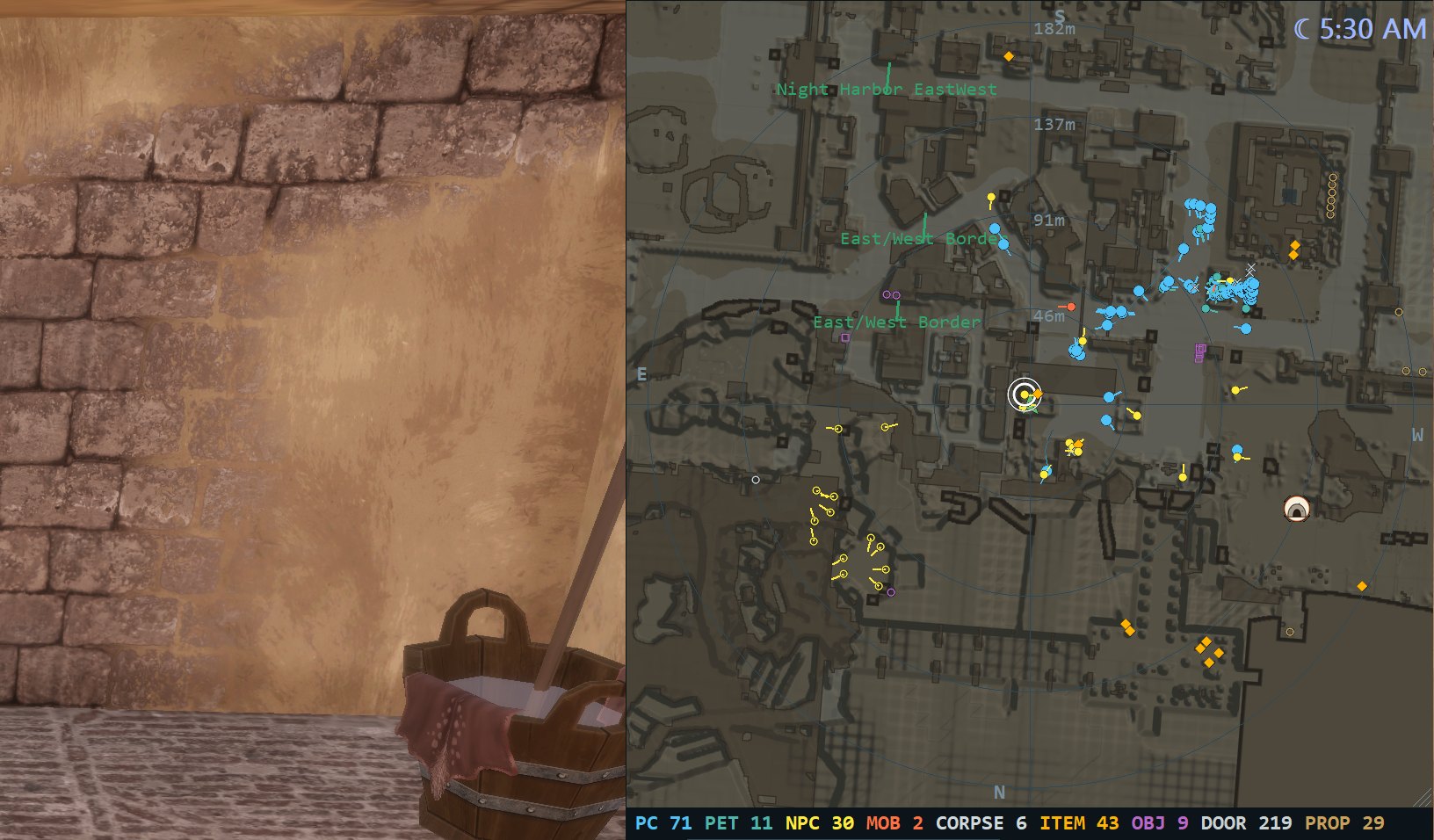 The radar dial sitting beside the game view, over a map of the town, with players, NPCs and items as colored dots