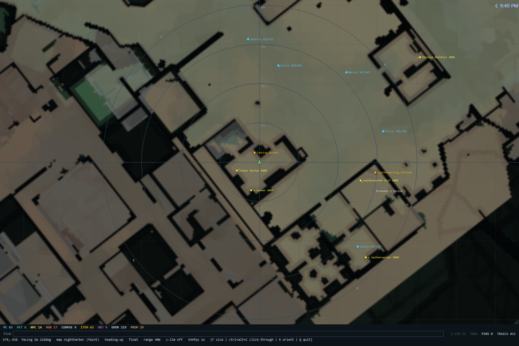 The radar dial drawn over a dimmed map of the streets and buildings around the player